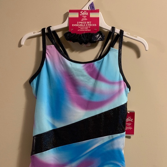 Justice NEW XL 16-18 - 2 bodysuits 2 Scrunchie dance gym gymnastics blue gold - Picture 2 of 15